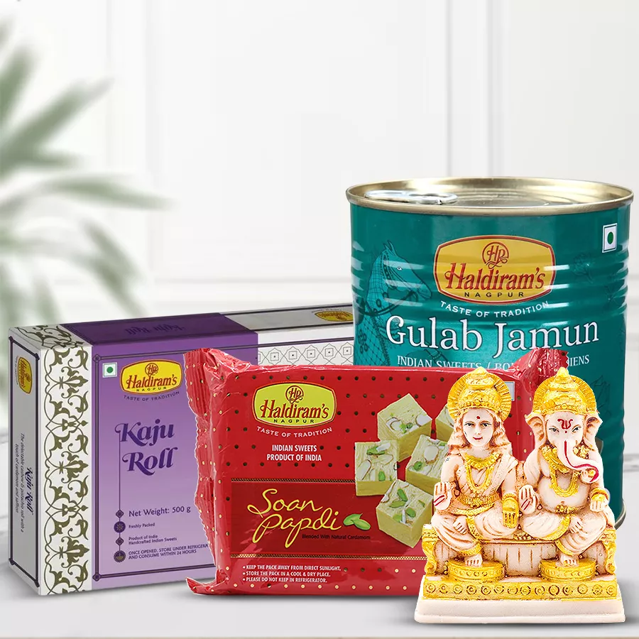 Haldiram’s Special Diwali Sweet Treat gift box featuring Kaju Rolls, Gulab Jamuns, Soan Papdi, and a Laxmi Ganesh idol.