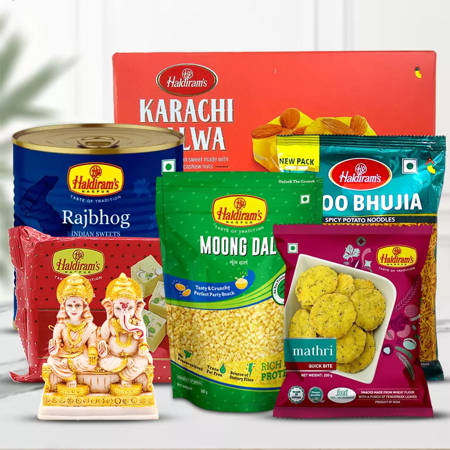 Laxmi Ganesh idol with Haldirams Diwali mithai and snacks assortment in a festive gift pack