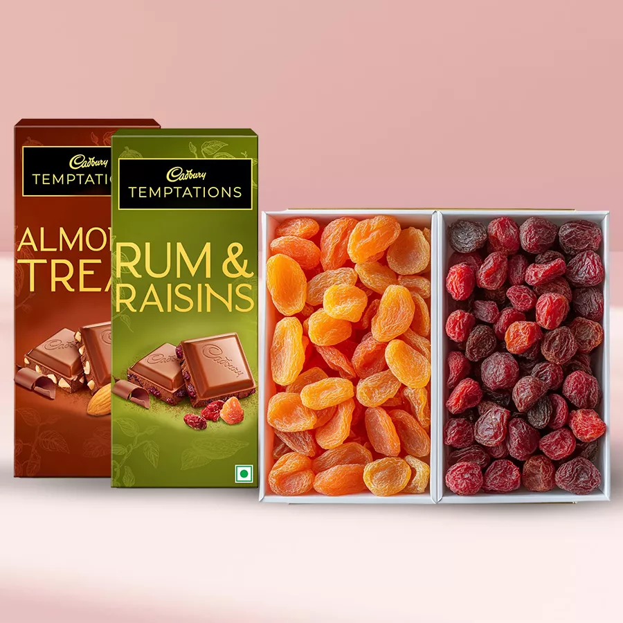 Zesty dried strawberries and apricots paired with two Cadbury Temptation bars in a wooden box for Deepawali celebration