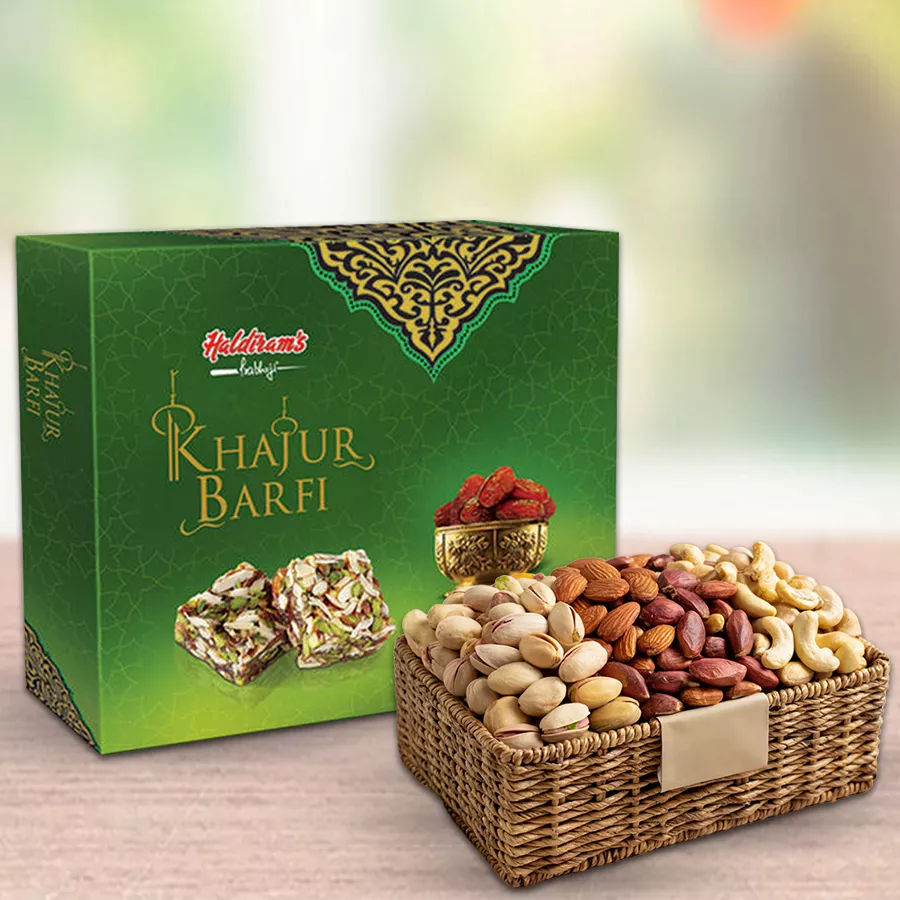 Luscious Haldiram Khajur Barfi and Salted Dry Fruits in a stylish rectangle basket for Diwali celebrations