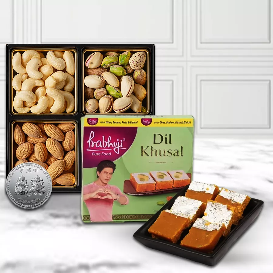 Classy Combo of Haldiram Mithai and Dry Fruits with a silver-plated Lakshmi Ganesh coin and wooden tray