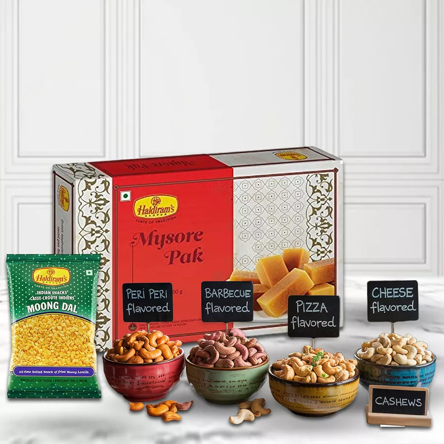 Colorful assortment of flavored cashews in various styles and Haldiram sweets with festive packaging for Diwali celebrations.