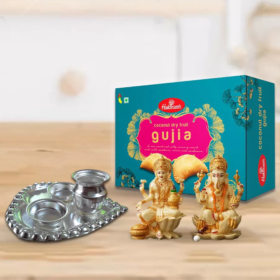 Finest Paan Shape Thali with Haldiram sweets and Laxmi Ganesh idol for Diwali celebrations