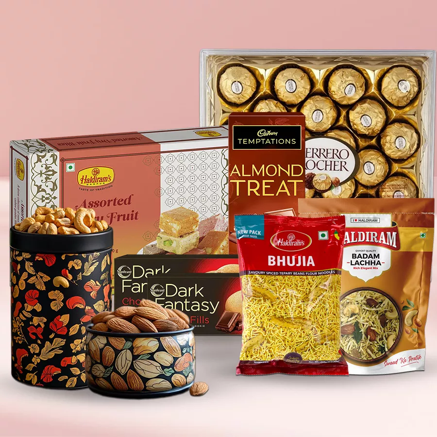 Bountiful Choco Dry Fruits Combo Delight hamper featuring Ferrero Rocher, almonds, cashews, Haldirams snacks, Dark Fantasy Cookies, and Cadbury Temptations, ideal for Deepawali celebrations.