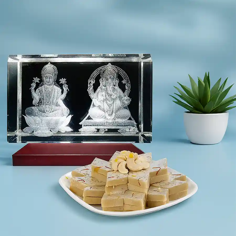Haldiram Kaju Barfi 250g with 3D Lord Ganeshji and Laxmiji idol as a personalized gift for Diwali