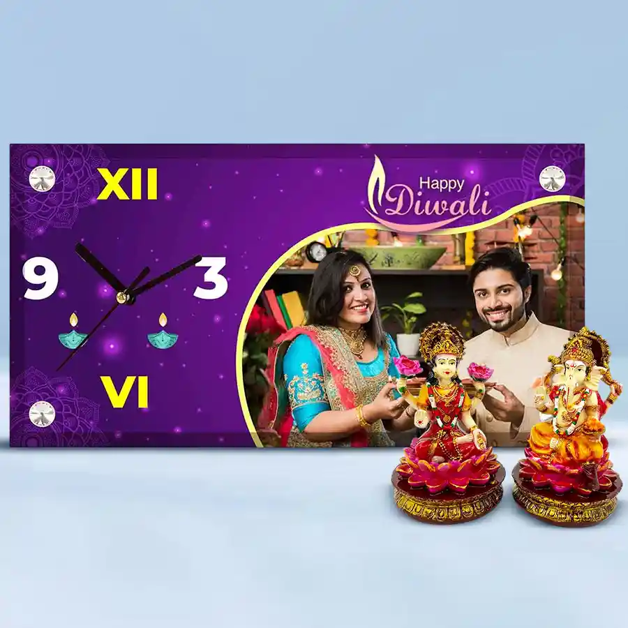 Pious Ganesh Laxmi Idol and sublimation glass clock on a decorative display, featuring vibrant colors and intricate designs