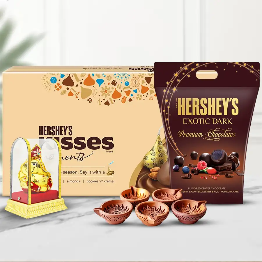 Joyful Deepavali Combo featuring Hershey's Chocolates and Vighnesh Ganesh Idol with diyas