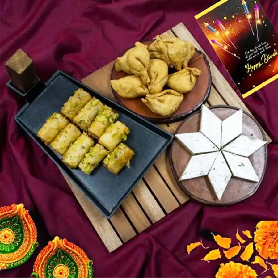 Appetizing Roll Baklava bundle with Haldiram sweets and snacks including Tart Baklava, Kaju Barfi, and Mini Samosas for Diwali celebrations