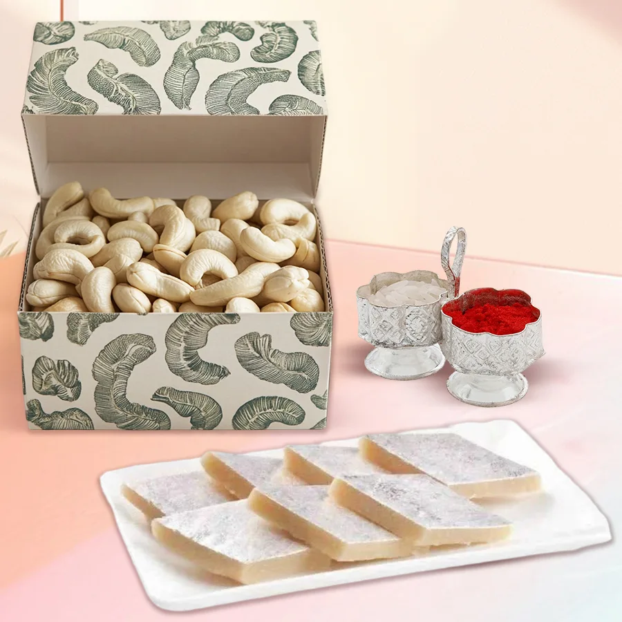Classy Combo of Kaju Katli with Cashews and Roli Chawal for Bhai Dooj celebration