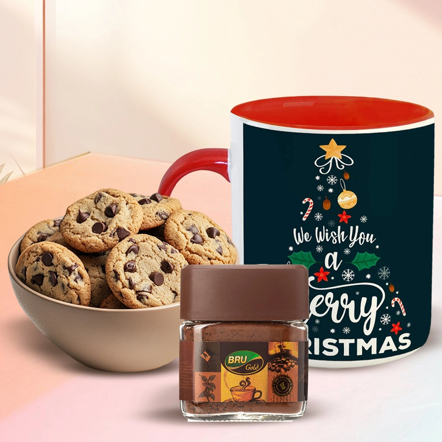 Ideal Xmas Coffee Hamper featuring Choco Chip Cookies, Bru Gold Instant Coffee, and a personalized Merry Christmas black mug.
