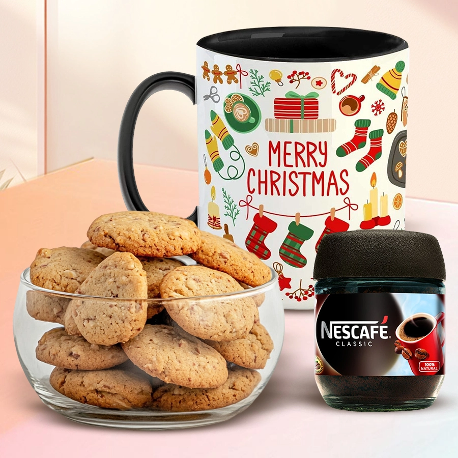 Tasty Xmas Coffee Hamper with almond-coated cookies, NESCAFÉ Classic Instant Coffee, and a personalised Merry Christmas mug
