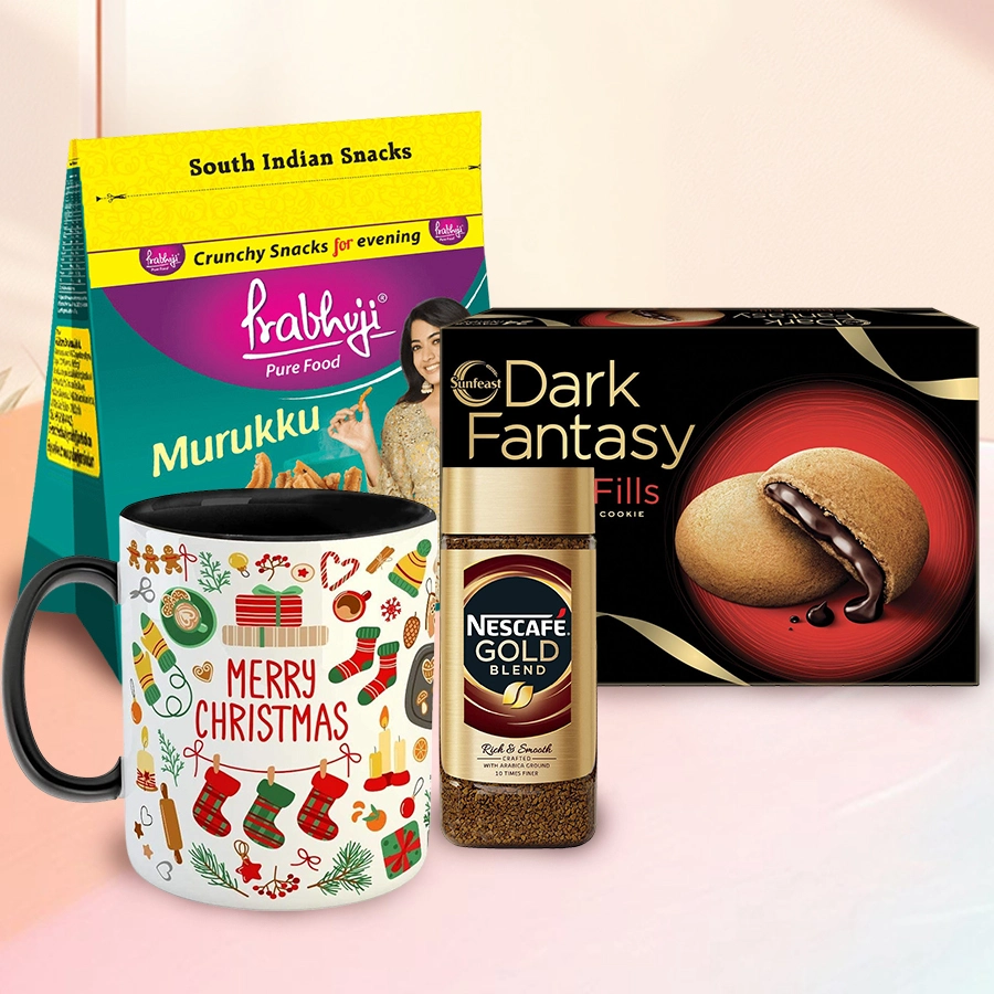 Xmas Evening Delight Hamper featuring Nescafe Gold Blend Coffee, Prabhuji Haldiram Murukku, Sunfeast Dark Fantasy Choco Fill Cookies, and a personalized Merry Christmas mug