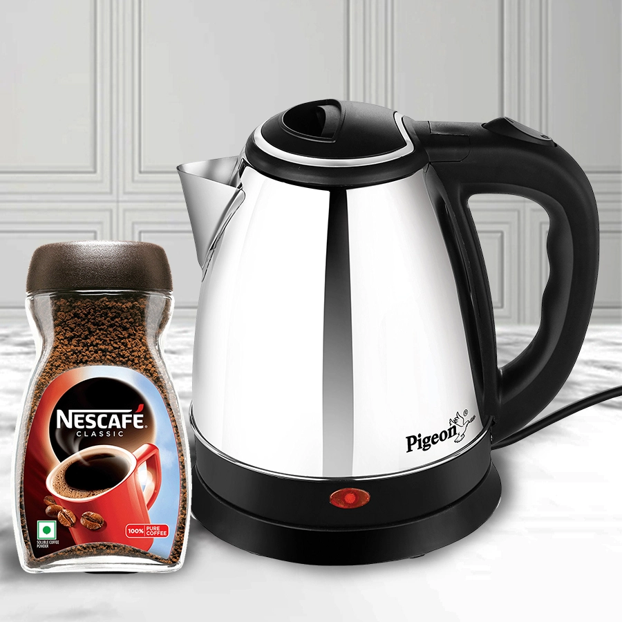 Pigeon 1.5L Stainless Steel Electric Kettle with a pack of Nescafé Classic Coffee on a festive background