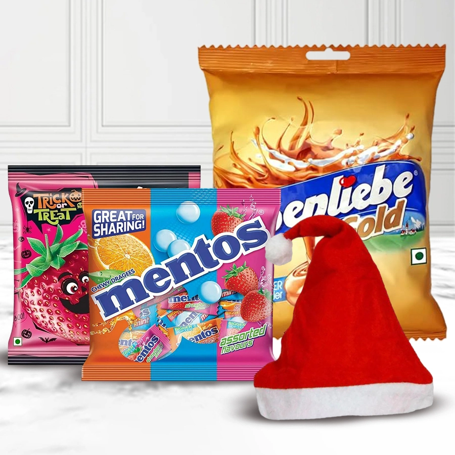 Santa cap gift set with assorted candies for kids, including Alpenliebe Just Jelly Strawberry, Mentos Rainbow chewy dragees, and Alpenliebe Gold caramel candies