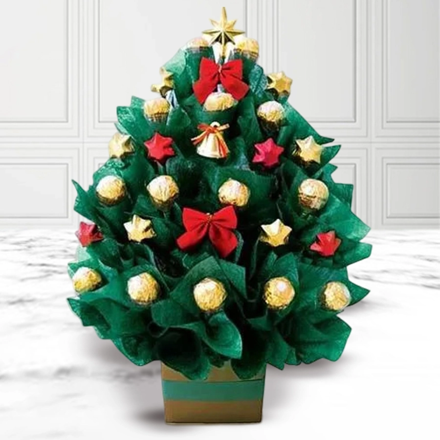 A festive Christmas tree made of 50 handmade chocolates, beautifully arranged and decorated for the holiday season.