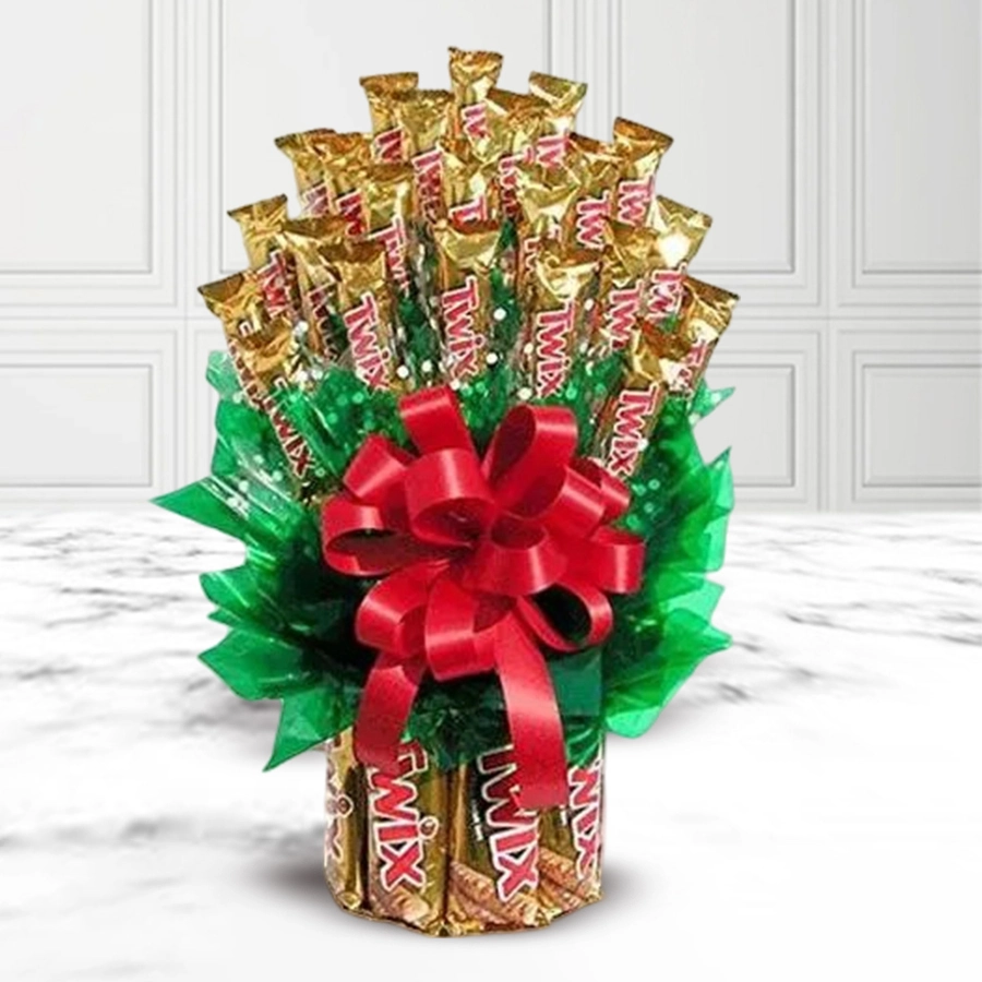 Lovely Golden Twix Chocolate Arrangement showcasing 30 Twix bars in elegant gold packaging for Christmas festivities.