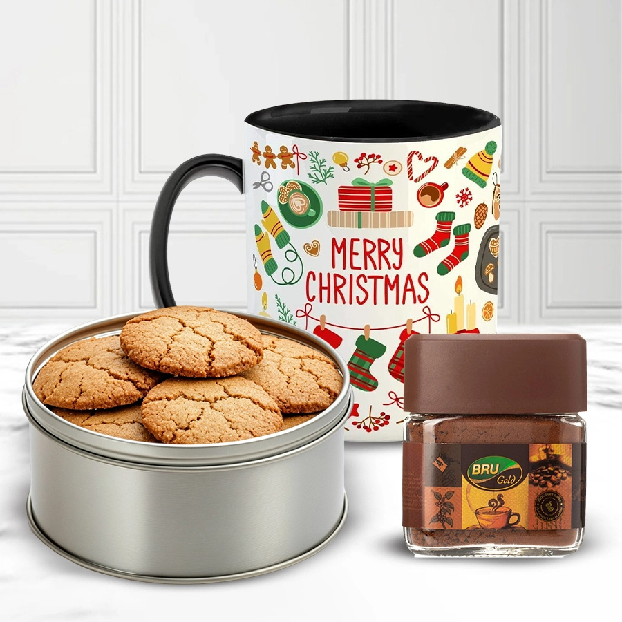 Personalized white mug with "Merry Christmas" text, BRU Instant Coffee pack, and assorted cookies arranged on a festive background.