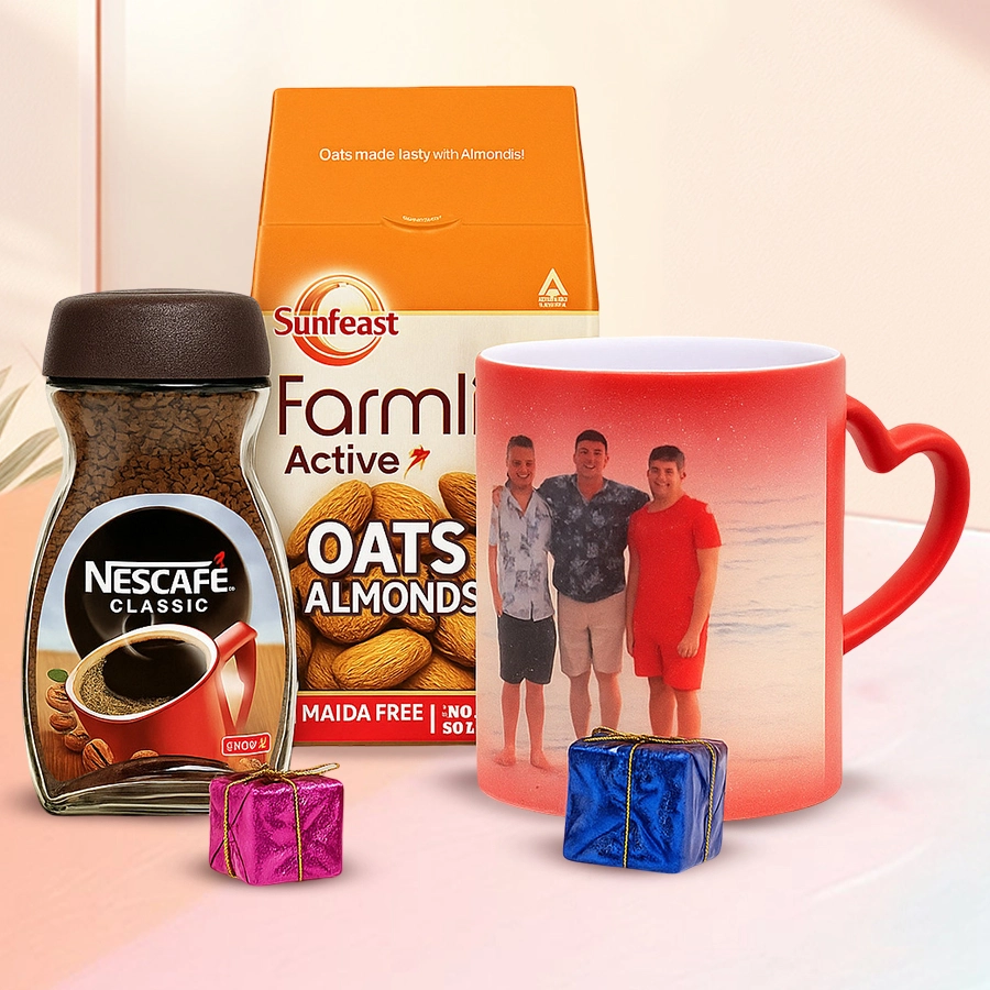 Classy magic mug personalized gift set with Nescafe coffee and Sunfeast biscuits