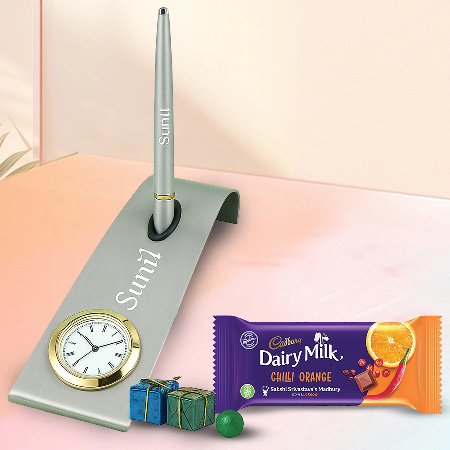 Personalized pen and stand set with chocolates for Christmas gift