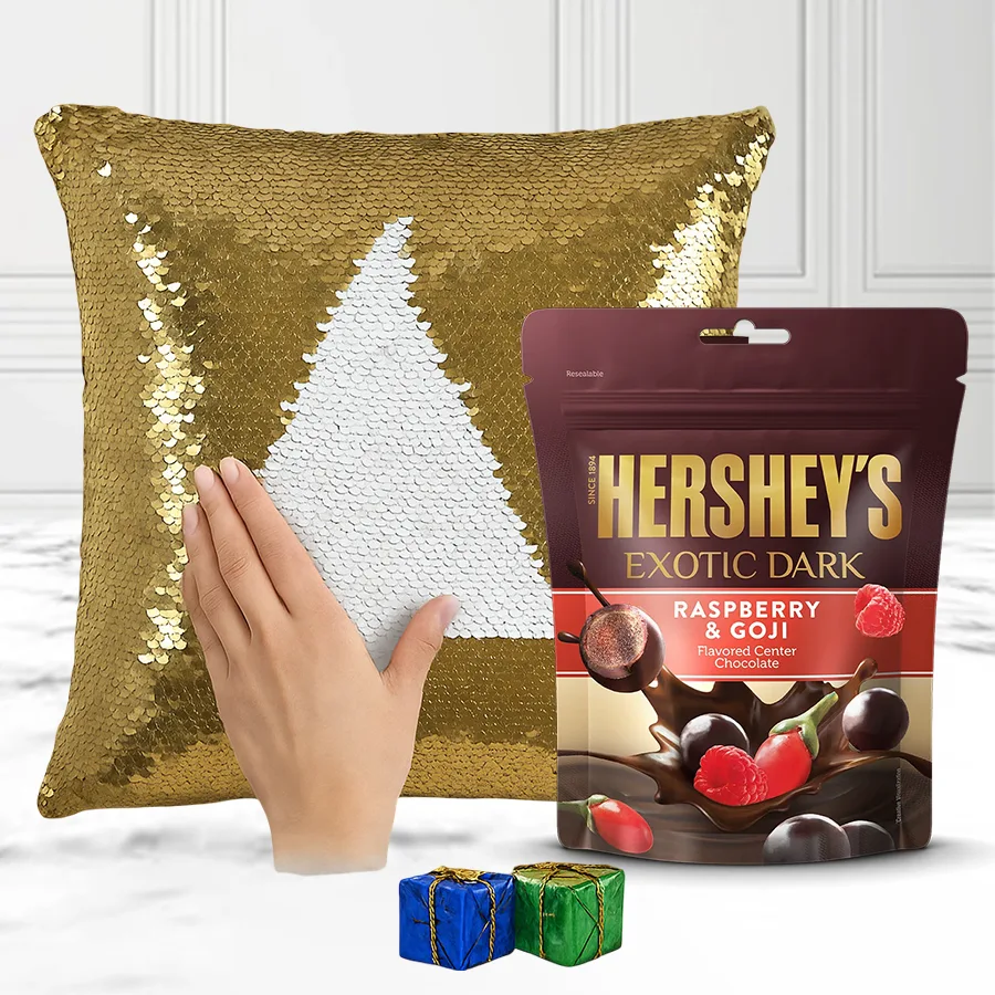 Lovely Personalized Magic Cushion next to a box of Hershey’s Exotic Dark Raspberry n Goji Chocolates, showcasing a heartfelt holiday gift combo.