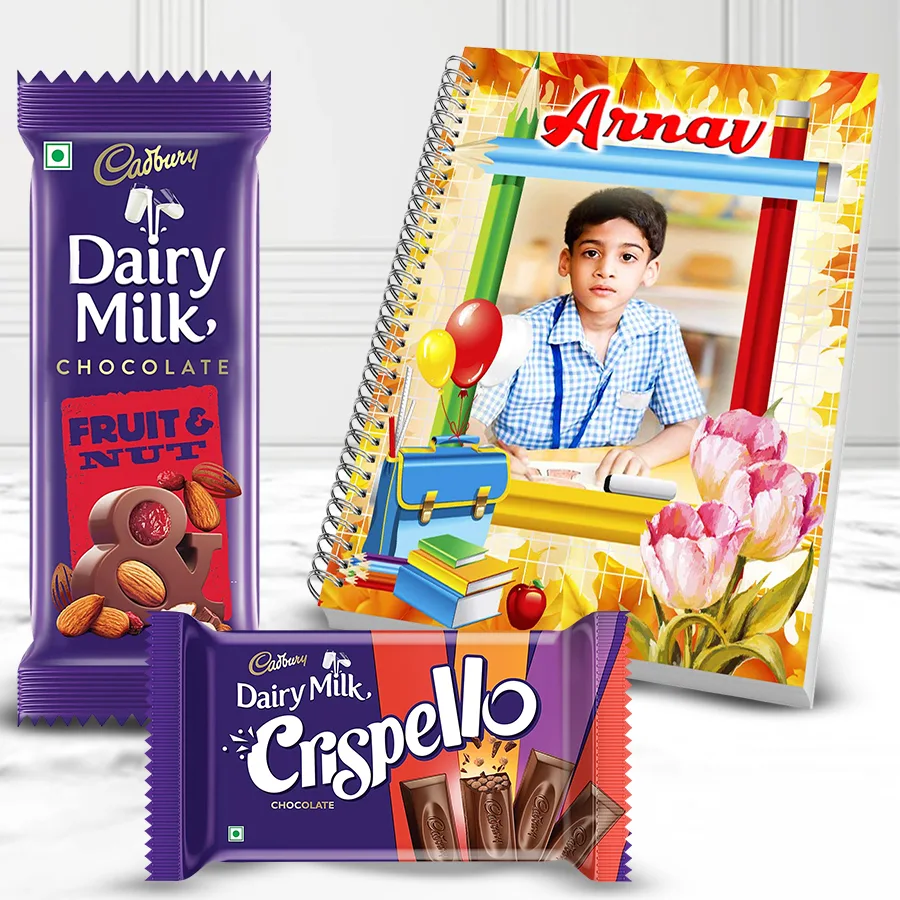 Special Personalized Gift featuring a Presto Notebook and Cadbury Chocolates, including Dairy Milk Fruit & Nut and Dairy Milk Crispello