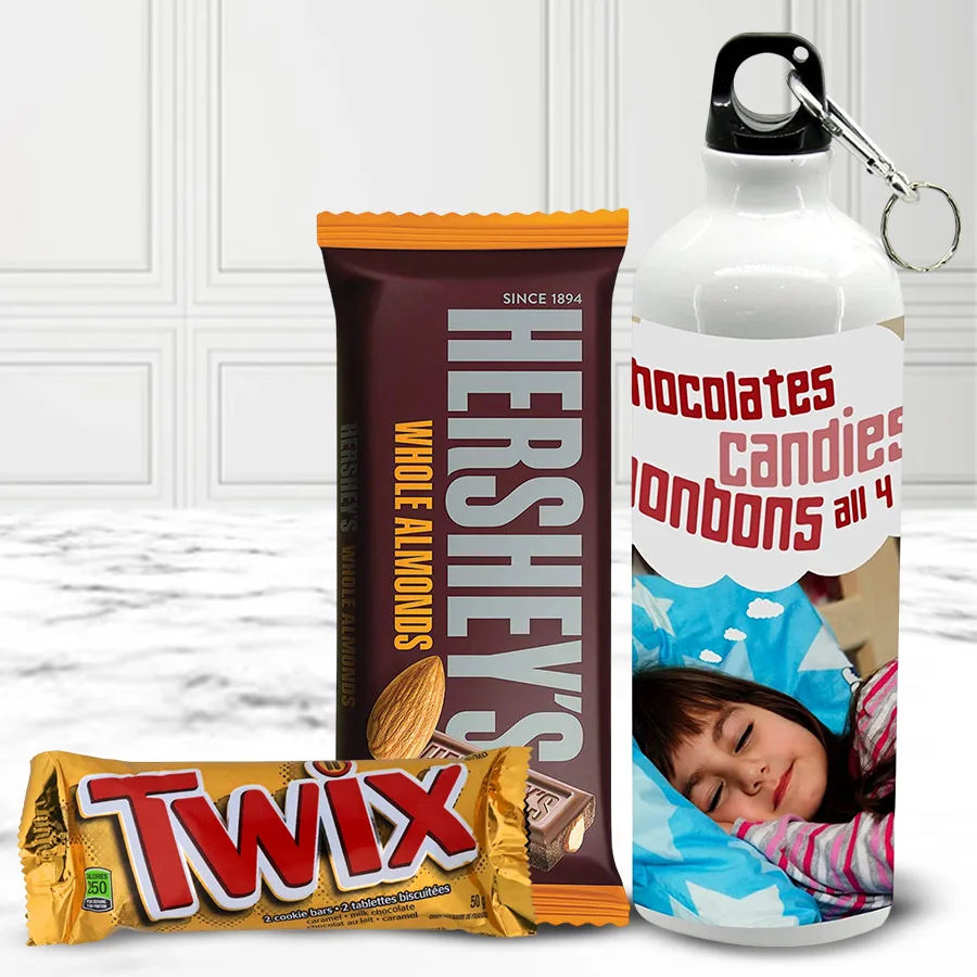 Personalized Presto Metal Sipper Bottle with chocolates including Hershey’s Whole Almond and Twix Bars on a festive background
