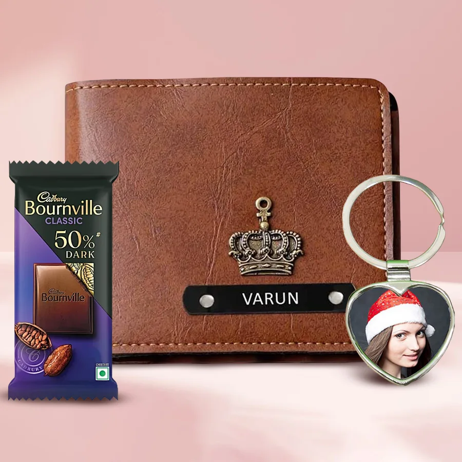 Fancy Personalized Metal Heart Key Ring, sleek men's wallet, and Cadbury Bournville Dark Chocolate Bar gift set