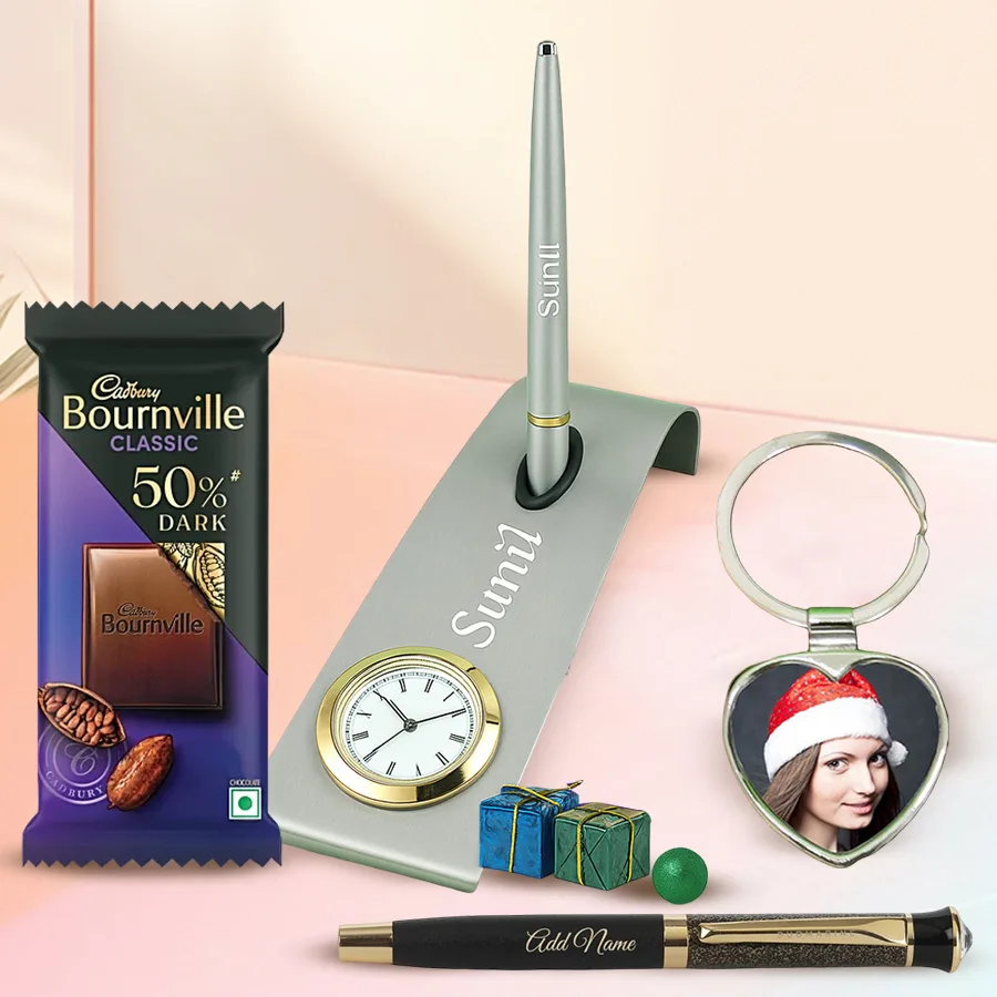 Ravishing Personalized Desk Essentials set with Cadbury Bournville, including a Fiber Lasered Pen, Metal Key Ring, Engraved Pen, Pen Stand with Clock, and Cadbury Bournville Dark Chocolate Bar