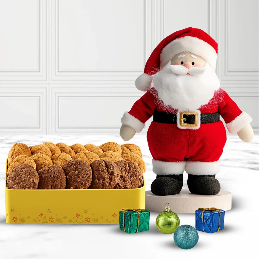 Crafty Cookie Assortment with Standing Santa Soft Toy, featuring assorted cookies and a plush Santa.
