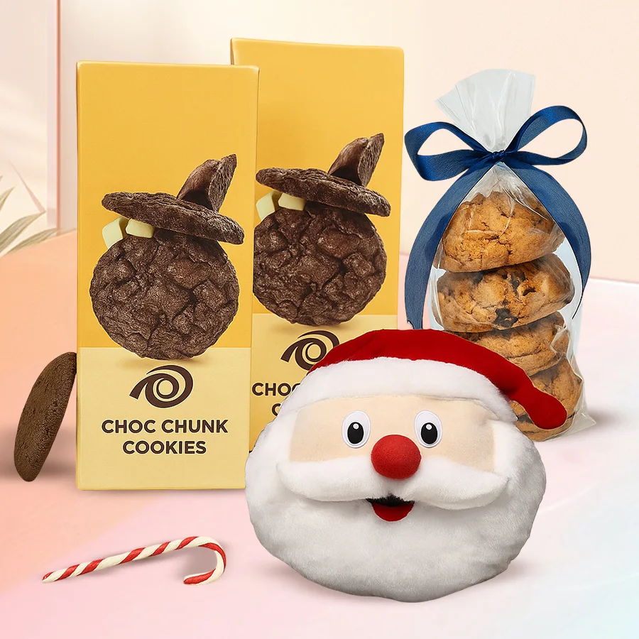 Superb Xmas Cookie Assortment with Santa Cushion featuring Double Chocolate Chip Cookies and Choc Chunk Cookies