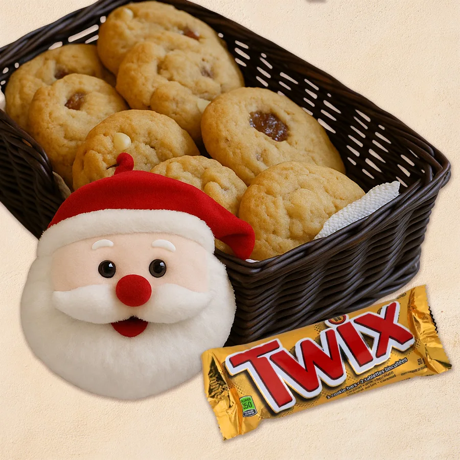 Stunning Xmas gift set featuring caramel cashew cookies, festive Santa cushions, and a Twix chocolate bar.