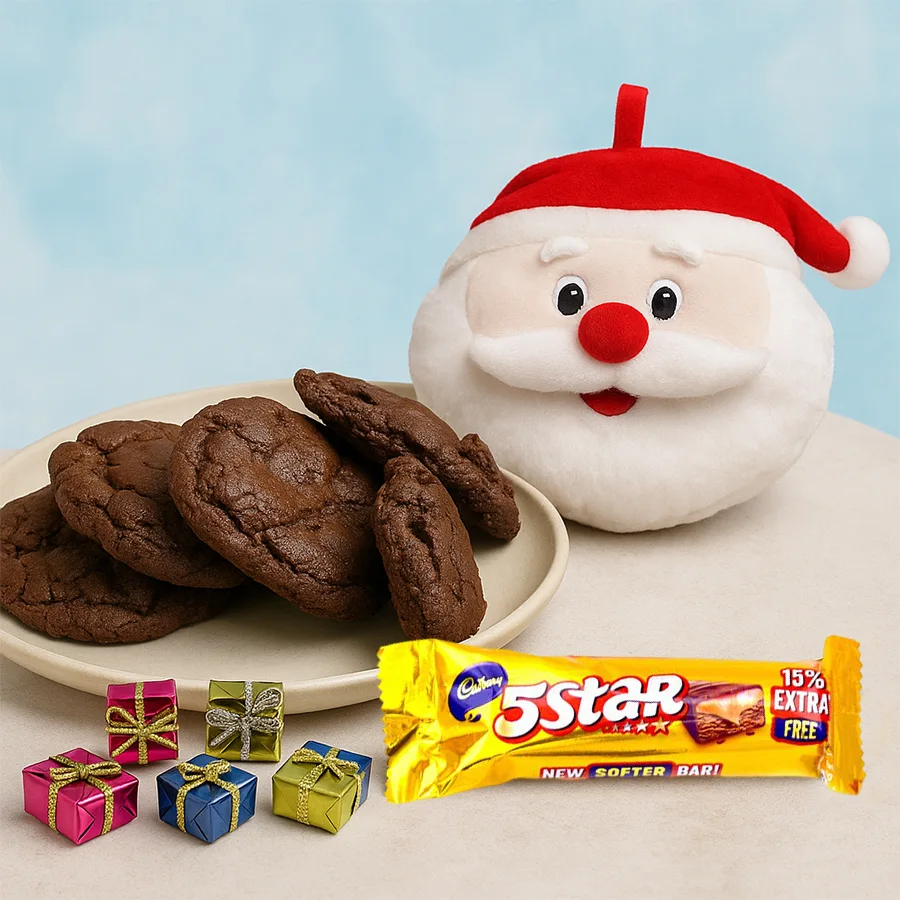Terrific Xmas Gift of Cadbury 5 Star Chocolate Bar, Double Choco Cookies, and a cheerful Christmas Santa Cushion