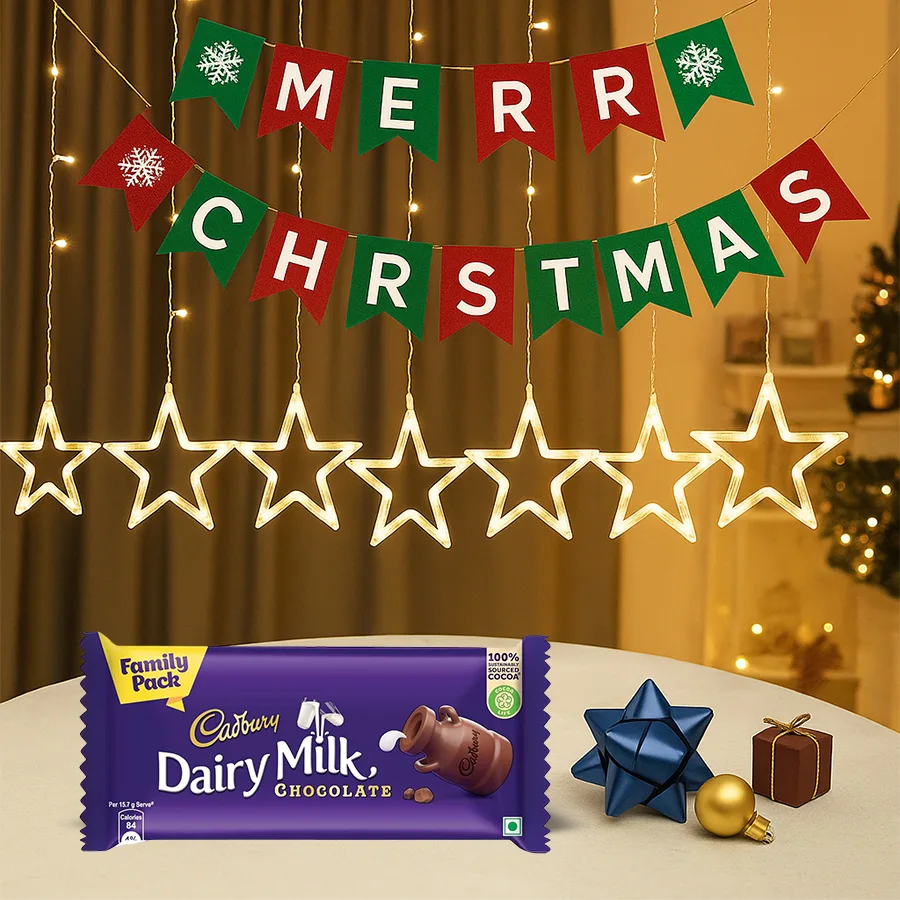 Mind Blowing String Light and Christmas Banner gift set with a Cadbury Dairy Milk Chocolate Bar