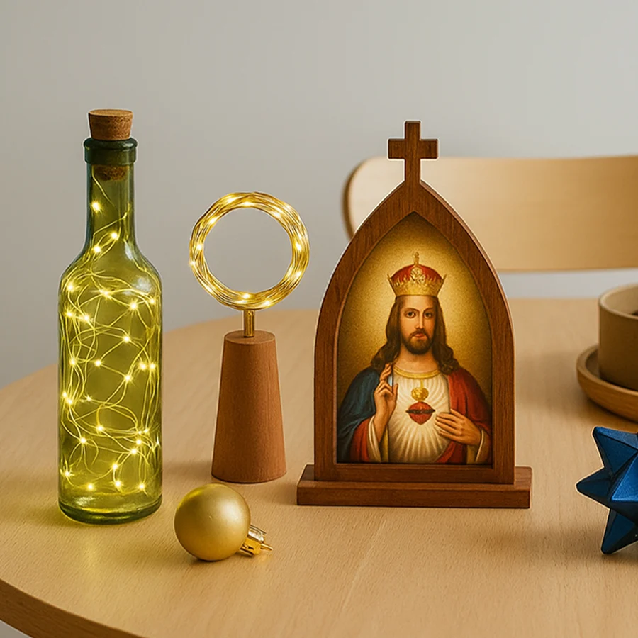 Holy Cross Statue of Jesus Christ next to a battery-operated LED fairy light inside a wine bottle, creating a warm and enchanting holiday display.