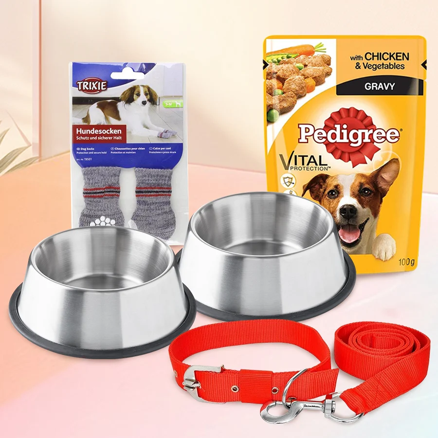 Exclusive Santa’s Gift for Pets bundle featuring grey non-slip dog socks, Pedigree Adult Chicken & Vegetables dog food pouch, stainless steel feeding bowls, and adjustable nylon collars.