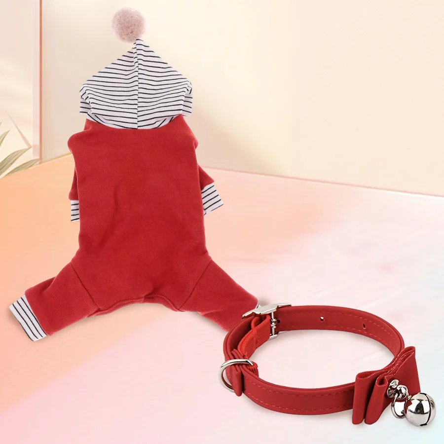 Fancy Xmas Pet Collar and Clothes set featuring a red bowknot collar with jingling bells and a cozy winter outfit