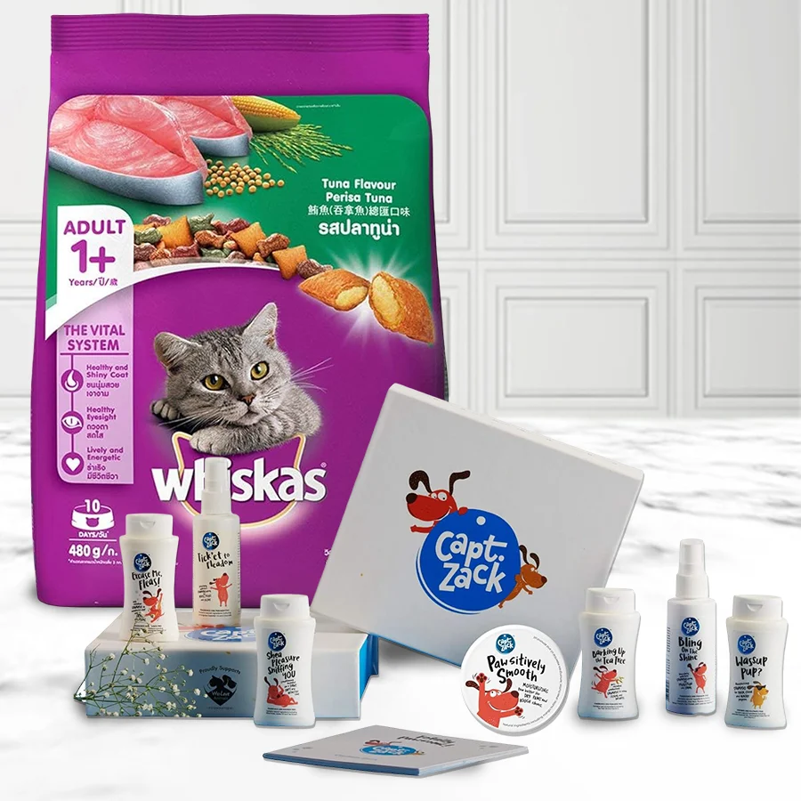 Lovely Pet Groom Box with Tuna Flavored Cat Food for Christmas, featuring grooming essentials and cat food package.