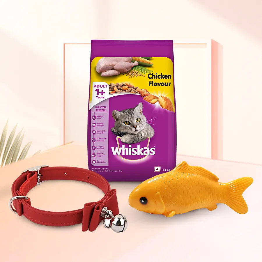 Special Xmas gift set for cats including a tuna-flavored cat food pack, a stylish adjustable Bowknot Bells collar, and a fun interactive fish toy.