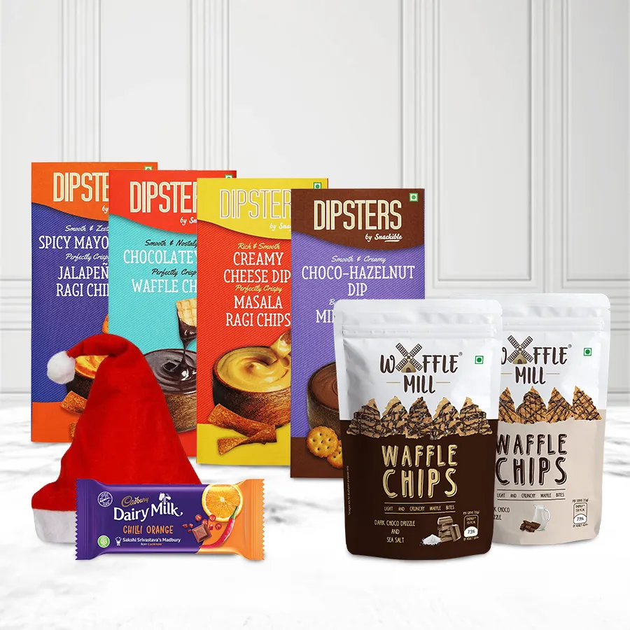 Lucious Waffles N Snacable Chips festive snack bundle with Santa cap for Christmas