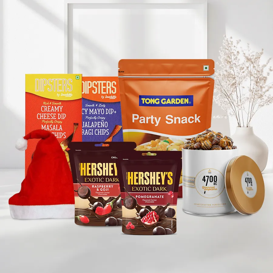 Christmas Celebration Party Combo Gift featuring festive snacks, dips, gourmet popcorn, chocolates, and a Christmas cap