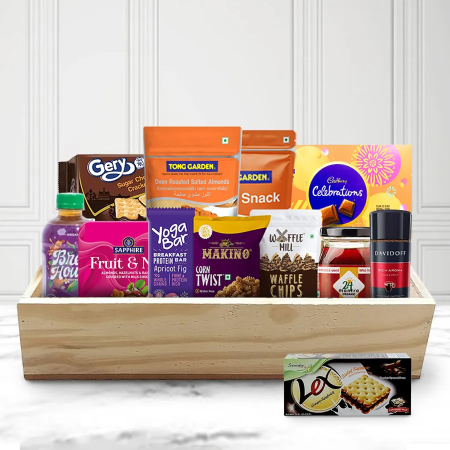 Imported Gourmet Xmas Breakfast Gift Tray featuring snacks, coffee, chocolates, honey, and more in a wooden tray