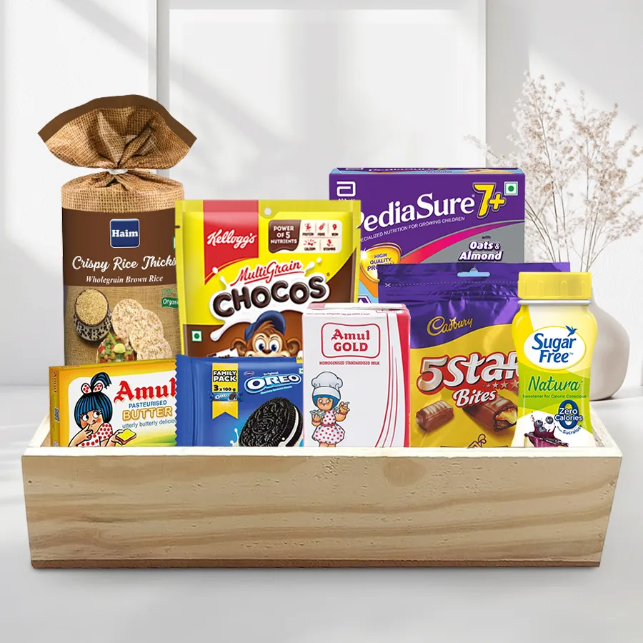Fabulous Xmas Delight Gift Basket with organic rice cakes, butter, chocolates, biscuits, sweetener, and wooden tray