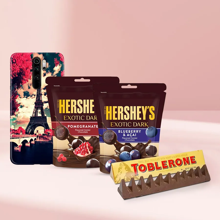 Forever Yours Combo with Toblerone chocolate, Hershey's Exotic dark chocolates, and a customizable mobile cover
