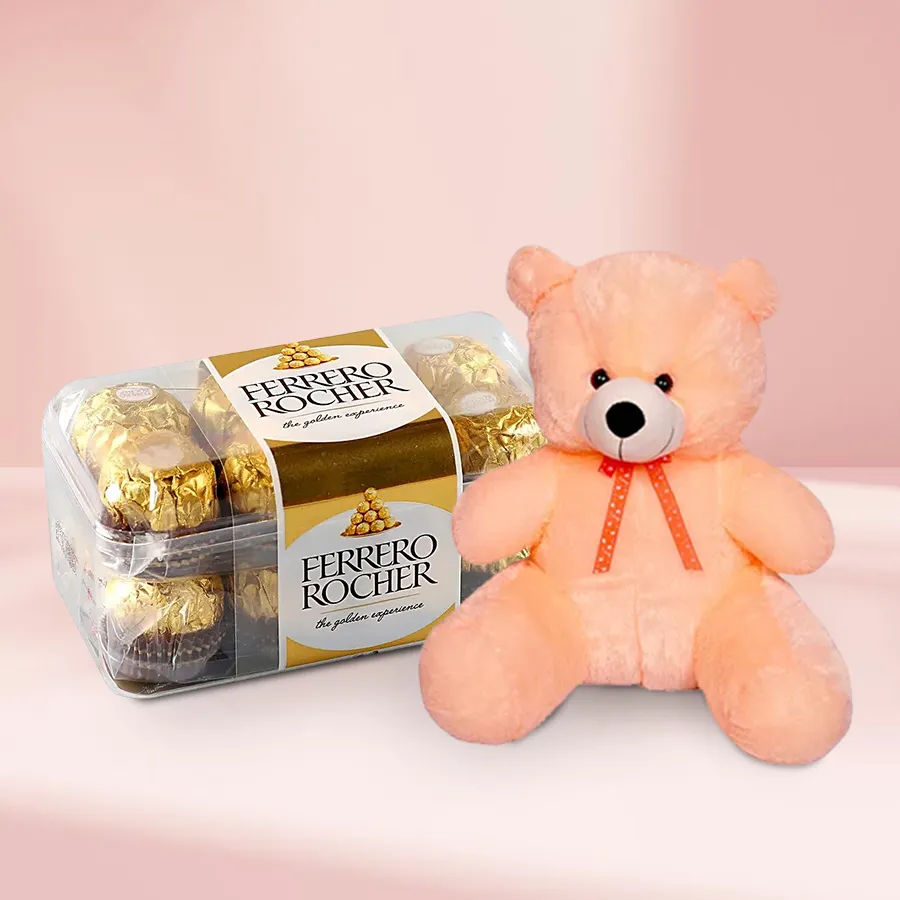 Exclusive combo of Ferrero Rocher chocolates and a plush teddy bear for Valentine's Day