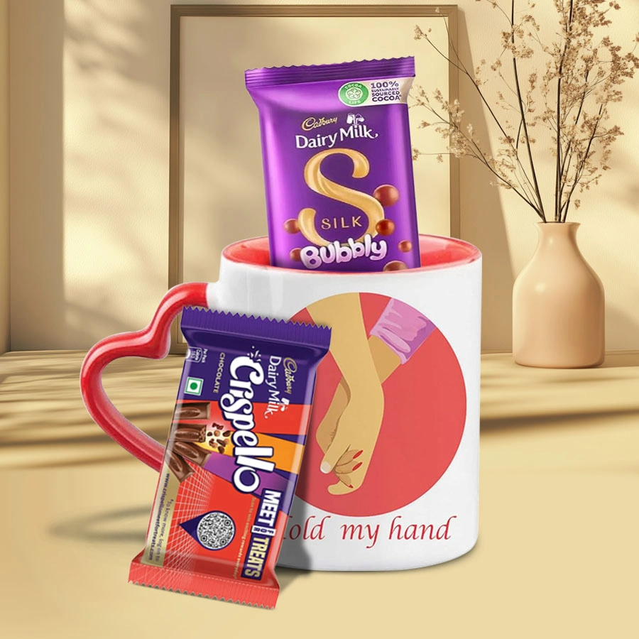 Red Heart Handle Mug with Cadbury chocolates including Dairy Milk Crispello and Dairy Milk Silk Bubbly