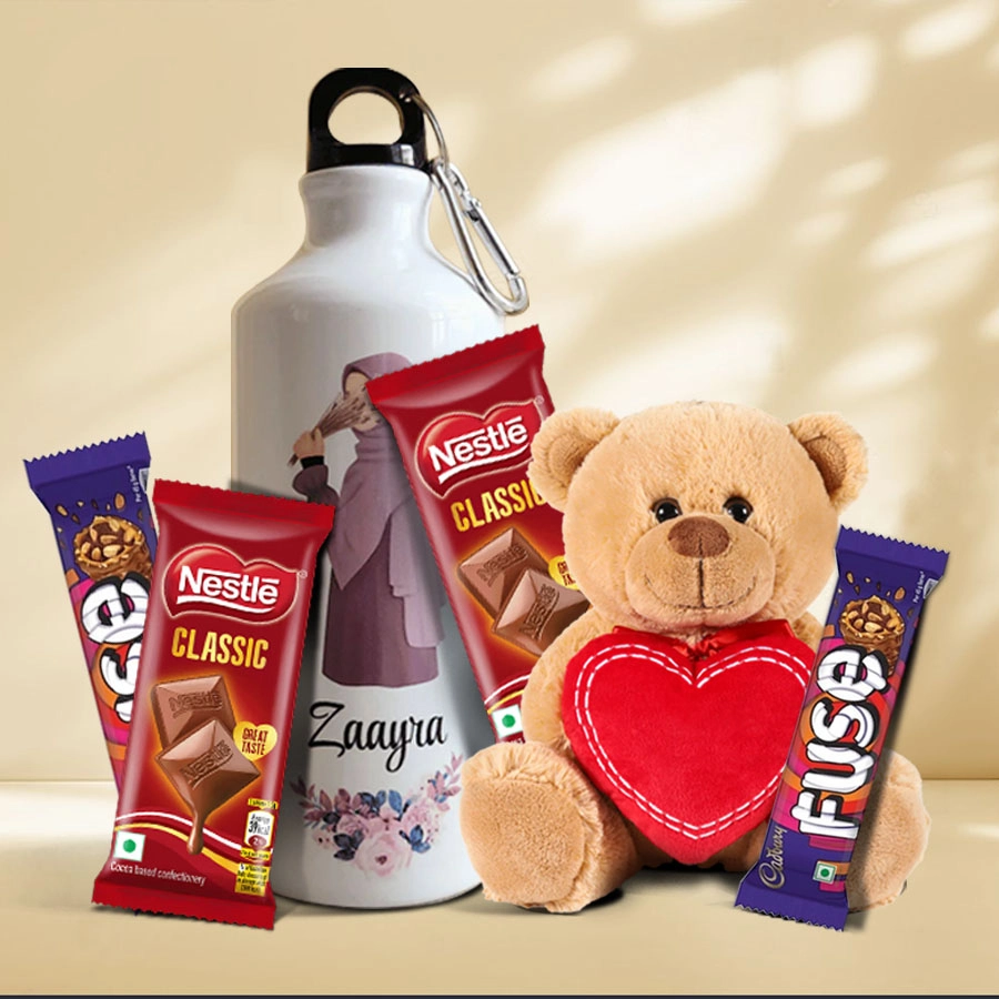 Personalized gift set with a custom bottle, a 6-inch Love Teddy, and chocolates on a decorative background