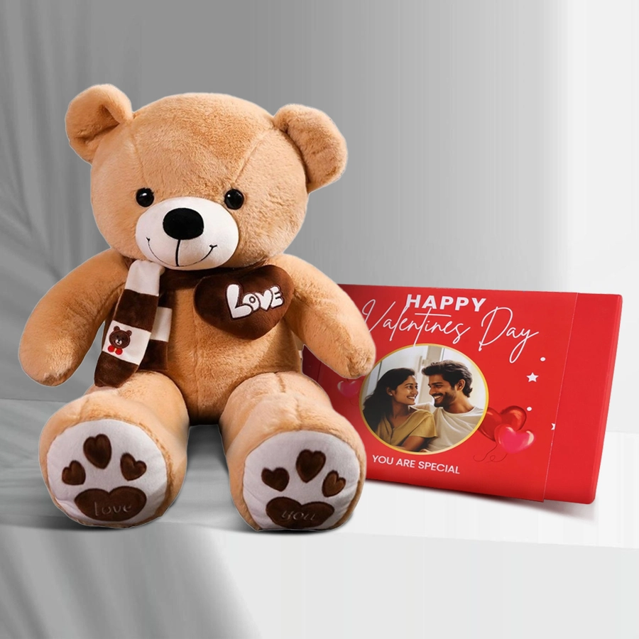 Personalized chocolate wrapper with custom message and a 6-inch teddy bear for Valentine's Day gift