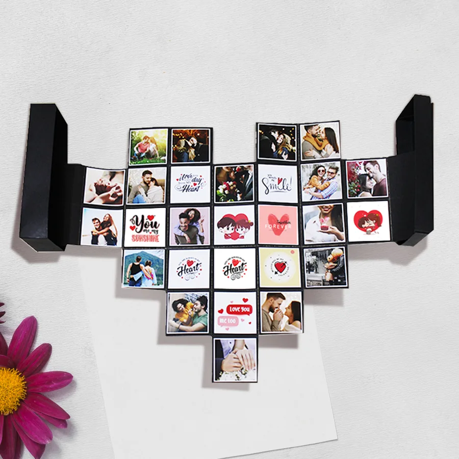 Personalized Pop Out Photo Maze Card with heart-shaped design, featuring 11 digital photos and 8 custom messages, opened to reveal its unique layout.