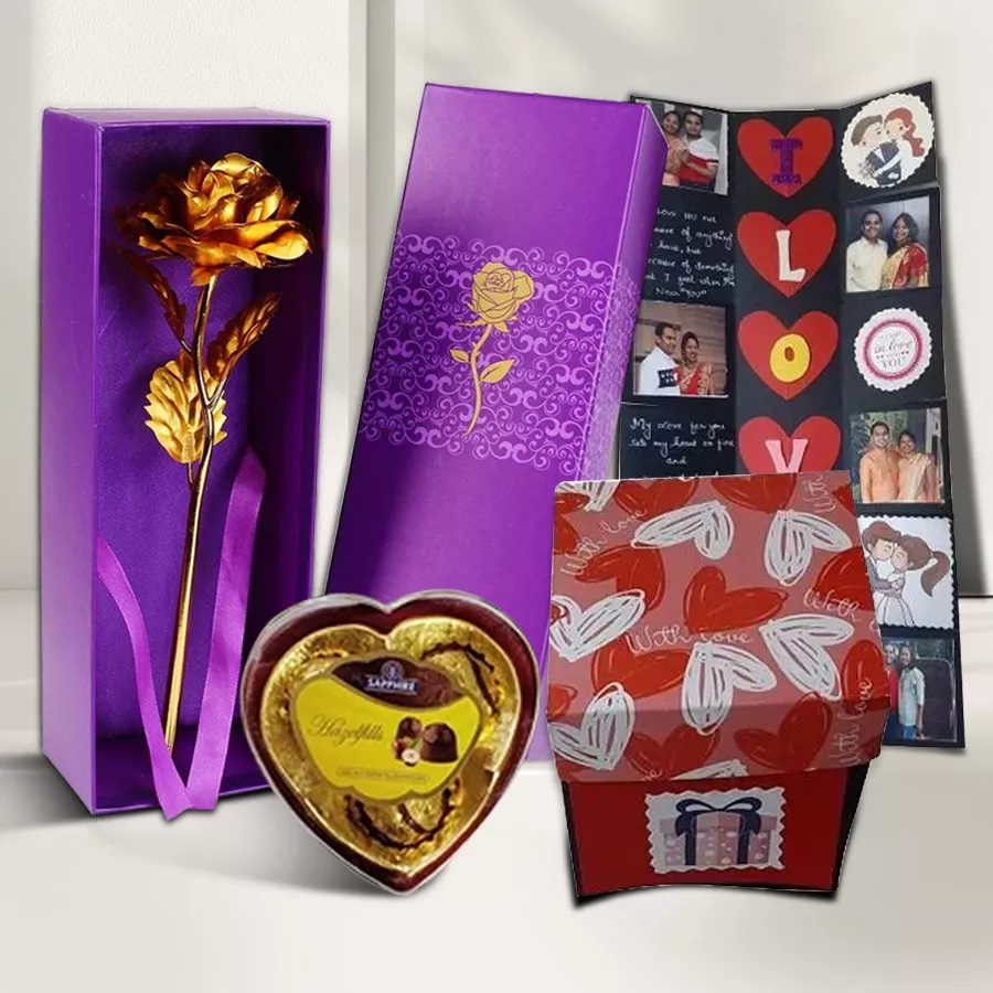 Personalized explosion card with heart-shaped sapphire chocolates and a golden rose
