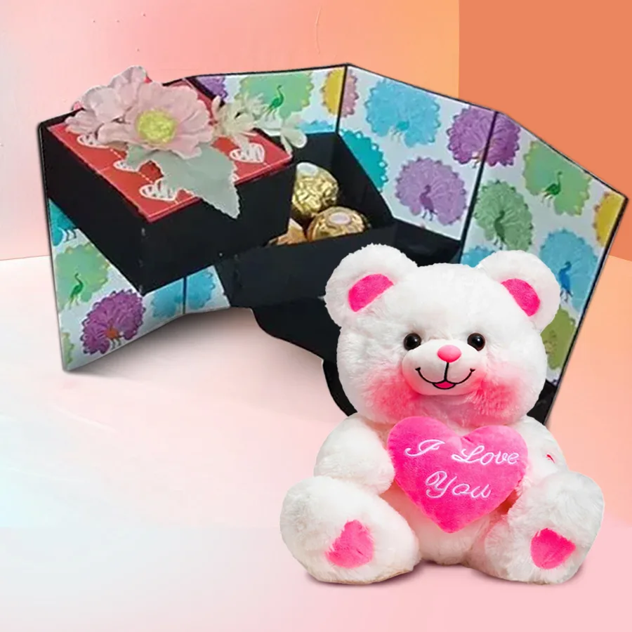 4-Layer Stepper Box filled with assorted chocolates beside a 6-inch Love Teddy Bear with personalized hearts